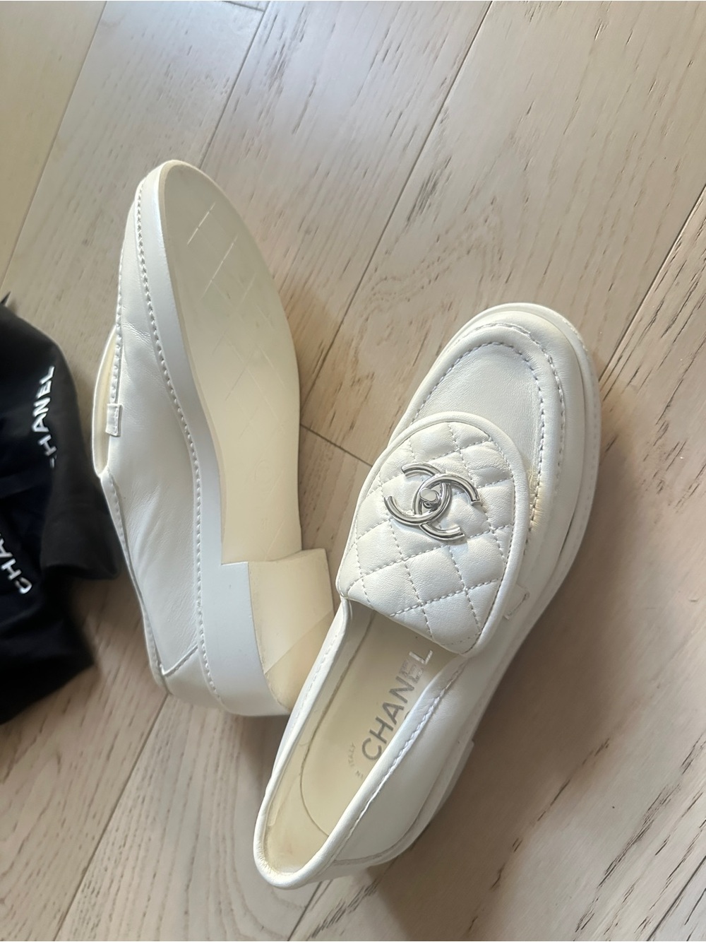 CHANEL White Quilted Leather Loafers with Silver CC Hardware - Picture 2 of 4